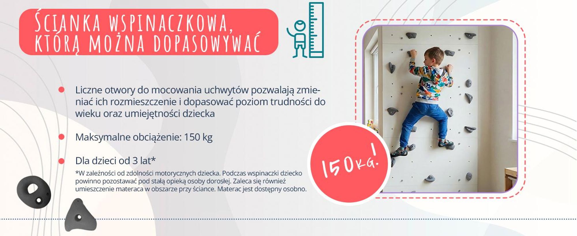 Create for you® – Ścianka Wspinaczkowa, 100x50 cm, 5 Szarych Chwytów kamieni, Domowa Wspinaczka, Sprzęt Fitness do Domu, Zabawa Ruchowa dla Dzieci