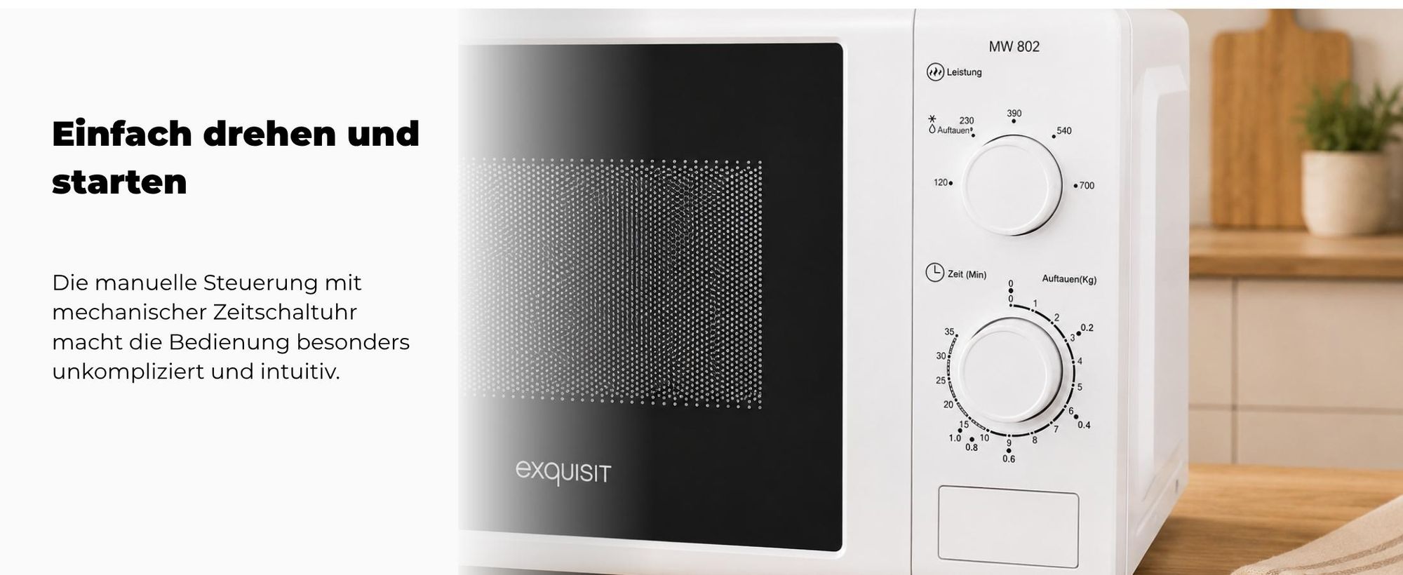 Exquisit Mikrowelle 20L, 700 Watt, 25,5cm Drehteller, 5 Leistungsstufen, Timer, Auftaufunktion, 2 Drehregler, MW 802 weiss