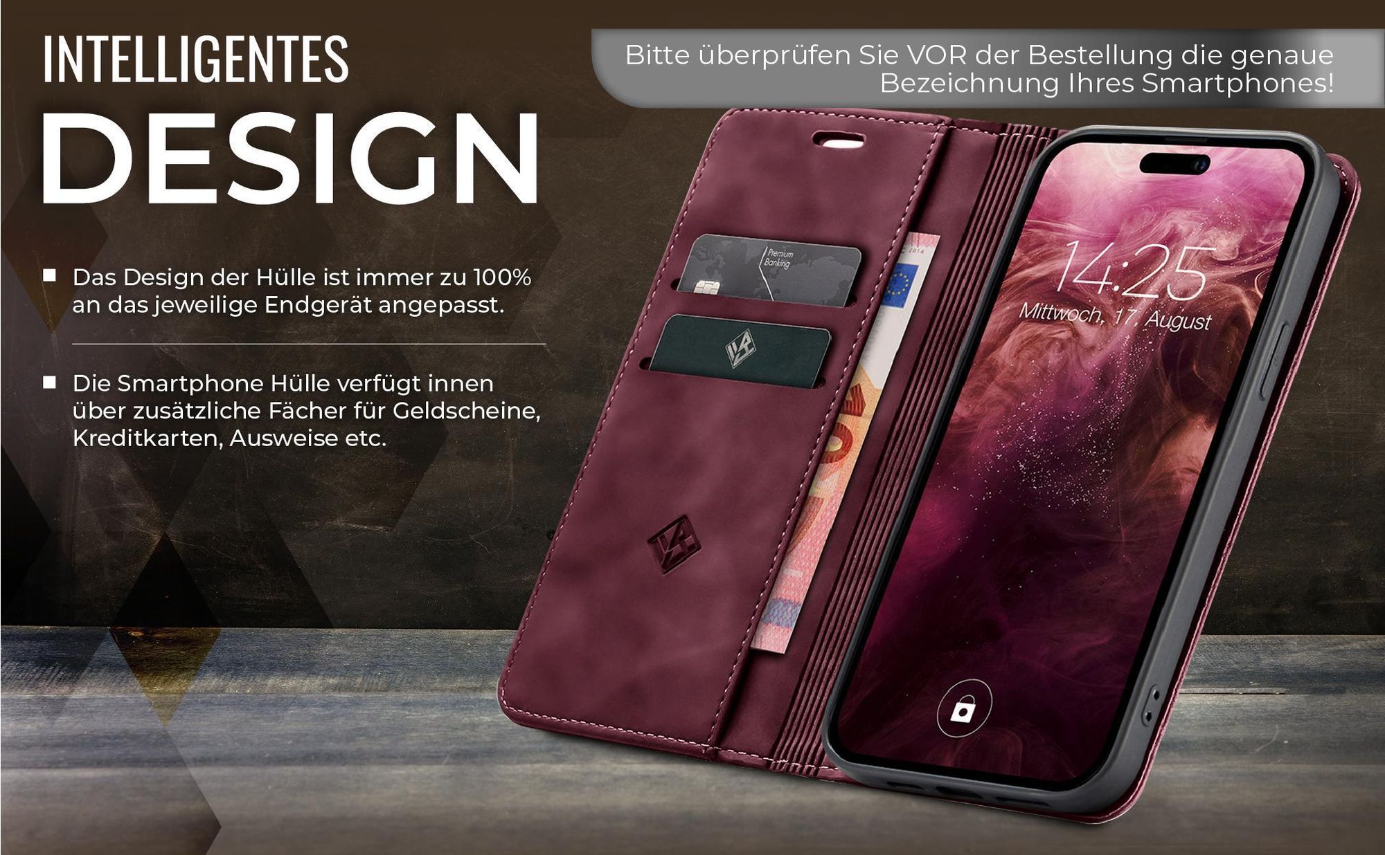 Edle Schutzhülle in Weinrot für Apple iPhone 15 mit Kartenfächern und Geldfach