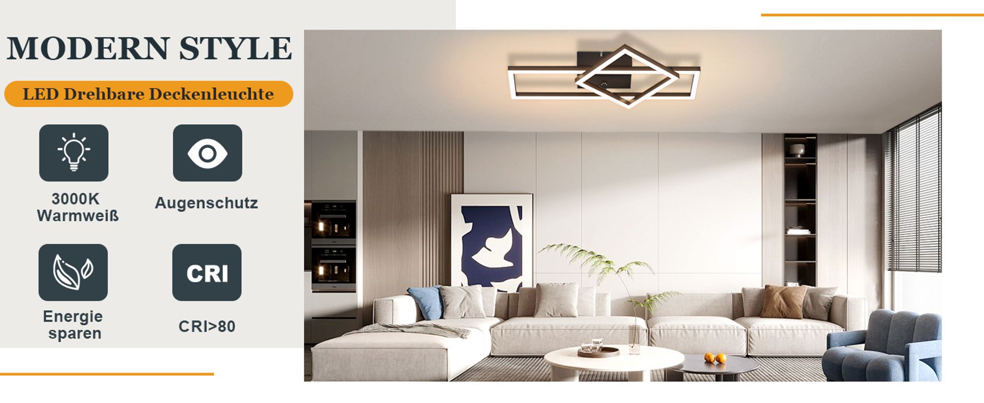 ZMH Deckenlampe LED Deckenleuchte 20W Wohnzimmerlampe Warmweiß Küchenlampe Modern Design Schwarz Schlafzimmer Lampe Eckig Deckenbeleuchtung
