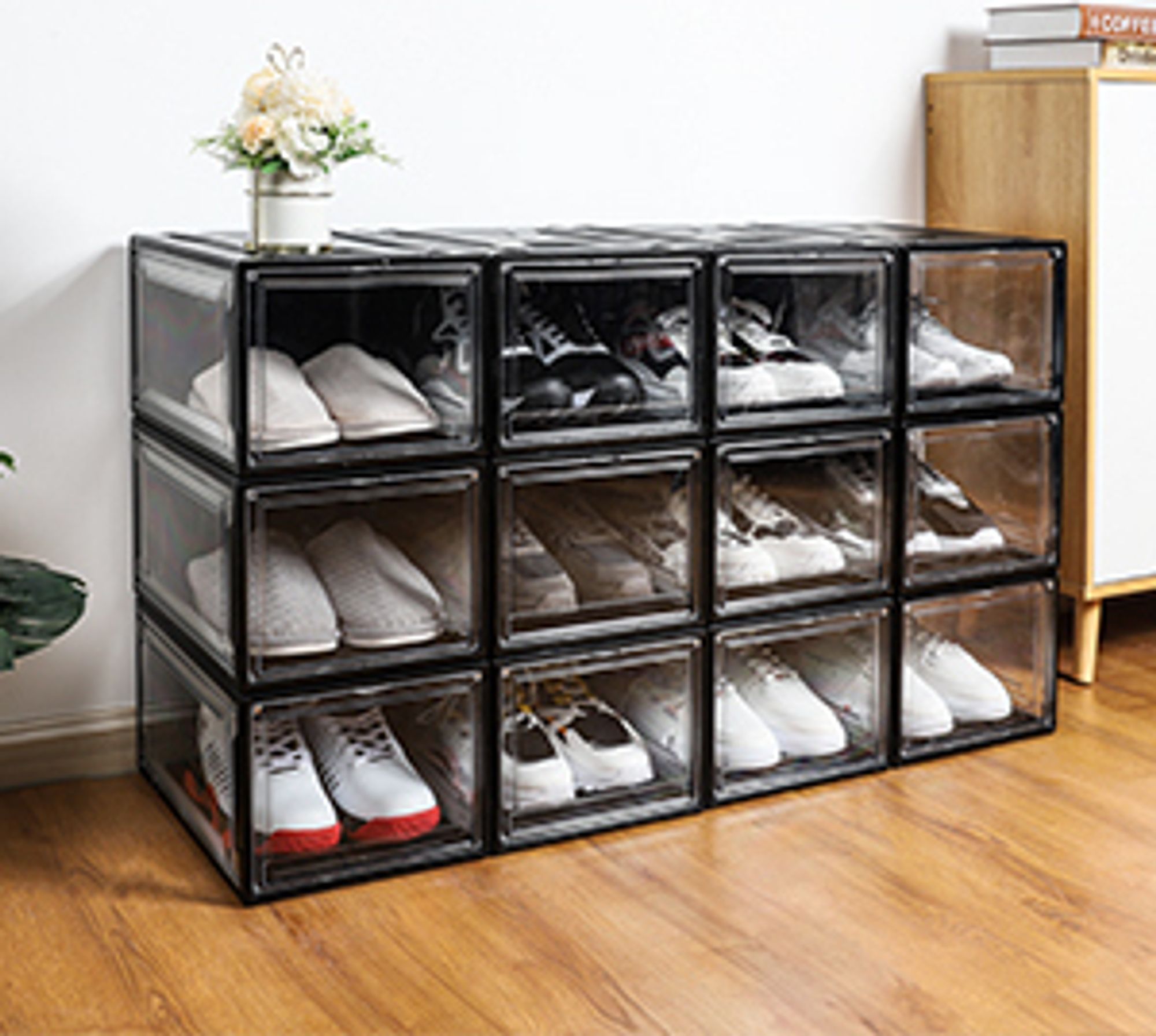 Yorbay Schuhbox, 3er Set, stapelbarer Schuhorganizer, Kunststoffbox mit durchsichtiger Tür, Schuhaufbewahrung, 37 x25,5 x 20 cm, für Schuhe bis Größe 48, Super transparent schwarz