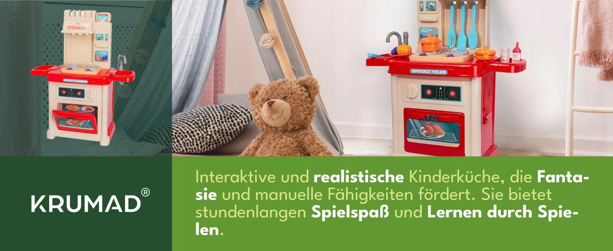 KRUMAD Kinderküche Spielzeug ab 3 Jahre, Spielküche mit Backofen, Herd, Wasserhahn, Sound & Dampfeffekt, 42-teiliges Zubehör Set, Küchenspielzeug für