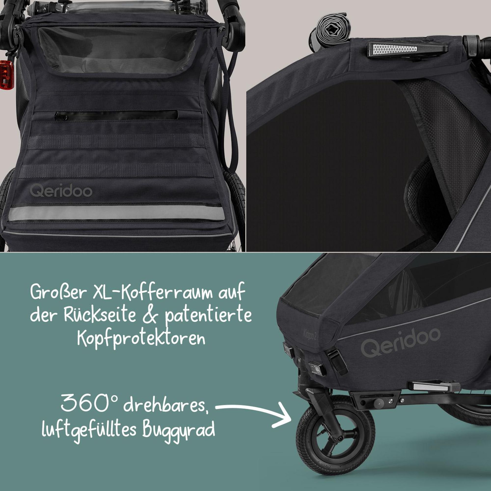 Qeridoo Kidgoo 2 - Kinderfahrradanhänger für 2 Kinder, Farbe: Phantom Grey