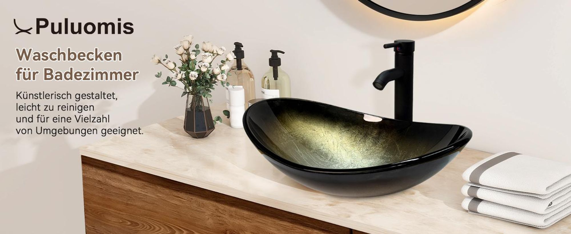 uluomis Waschbecken Glas Aufsatzwaschbecken Waschschale Oval mit Wasserhahn Ablaufgarnitur Schwarz hellgold