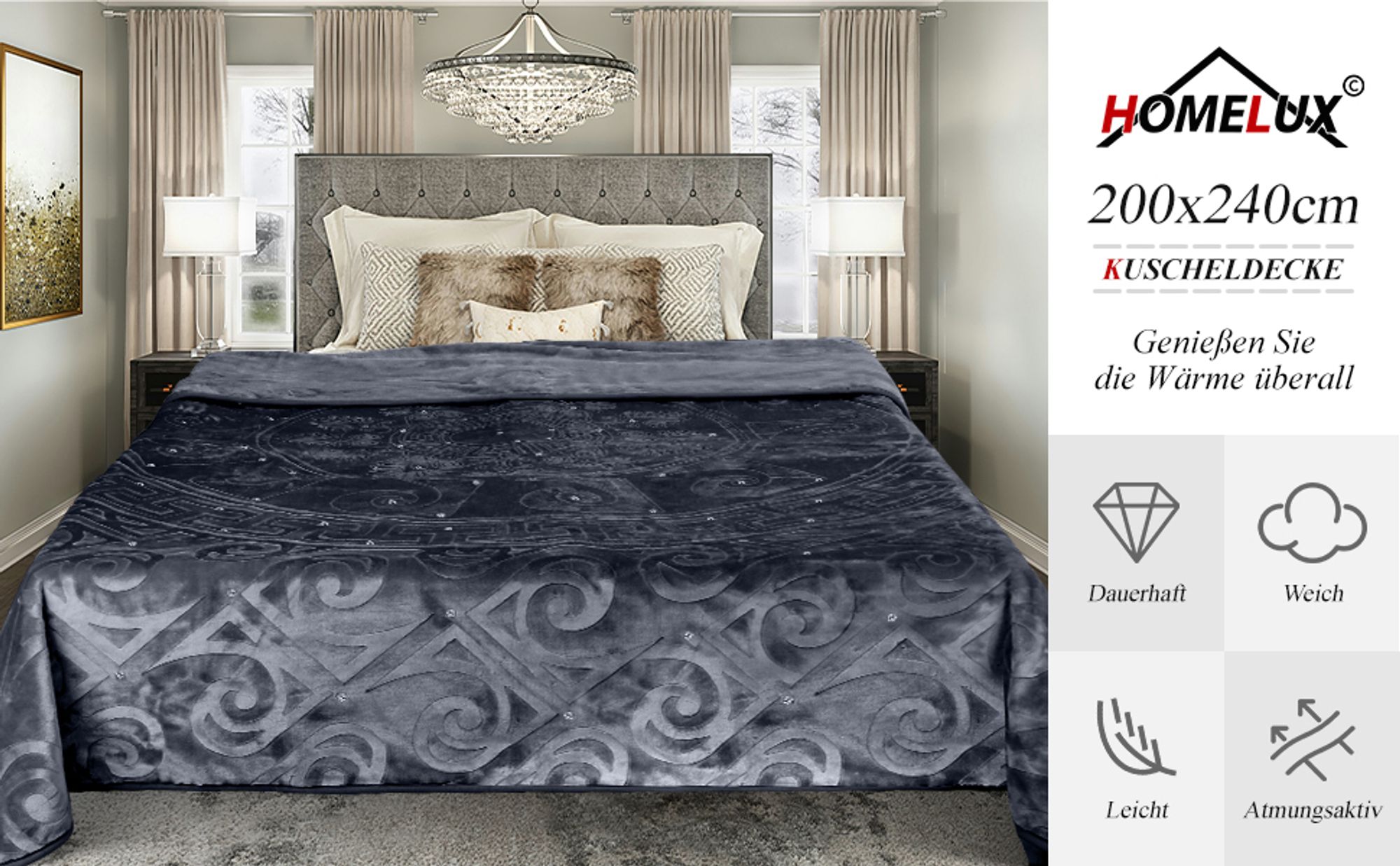 HOMELUX Kuscheldecke Wohndecke 200 x 240 cm Flauschig & Waschbar, Winter Decke Sofadecke Extra Weich & Warm Blanket für 4 Jahreszeiten, Grau
