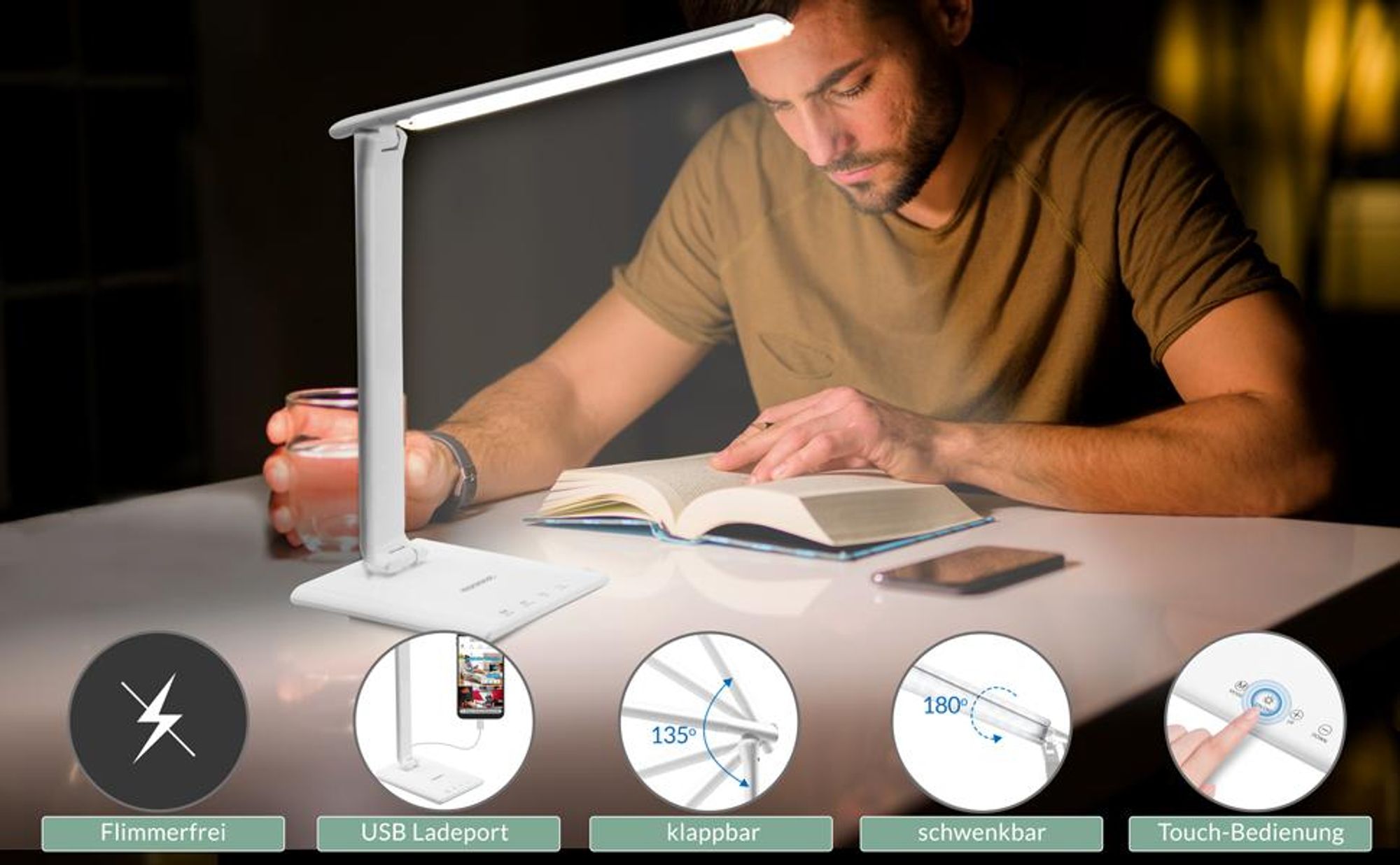 MONZANA® LED Schreibtischlampe USB Anschluss 3 Farb- 5 Helligkeitsstufen Touch Dimmbar Ladefunktion Tischlampe Büro Nachttischlampe Warmes Licht Weiß