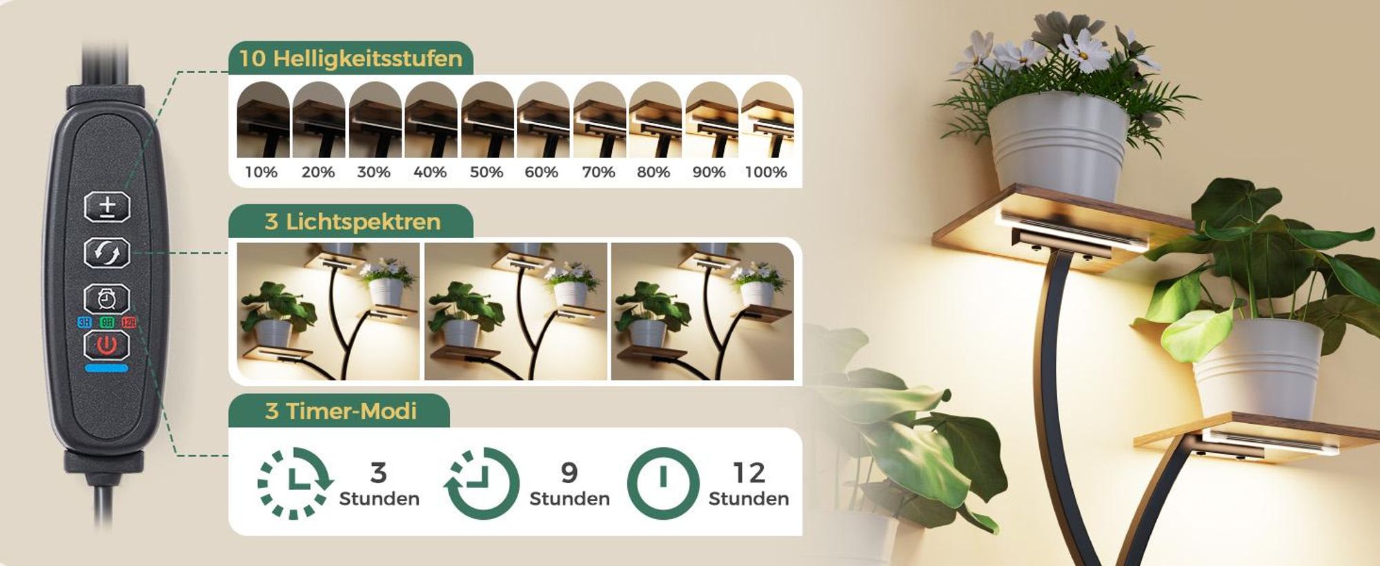 Mondeer Pflanzenregal 160cm, mit LED-Lampe, 9 Etagen & 2 Schubladen, Schwarz-Braun