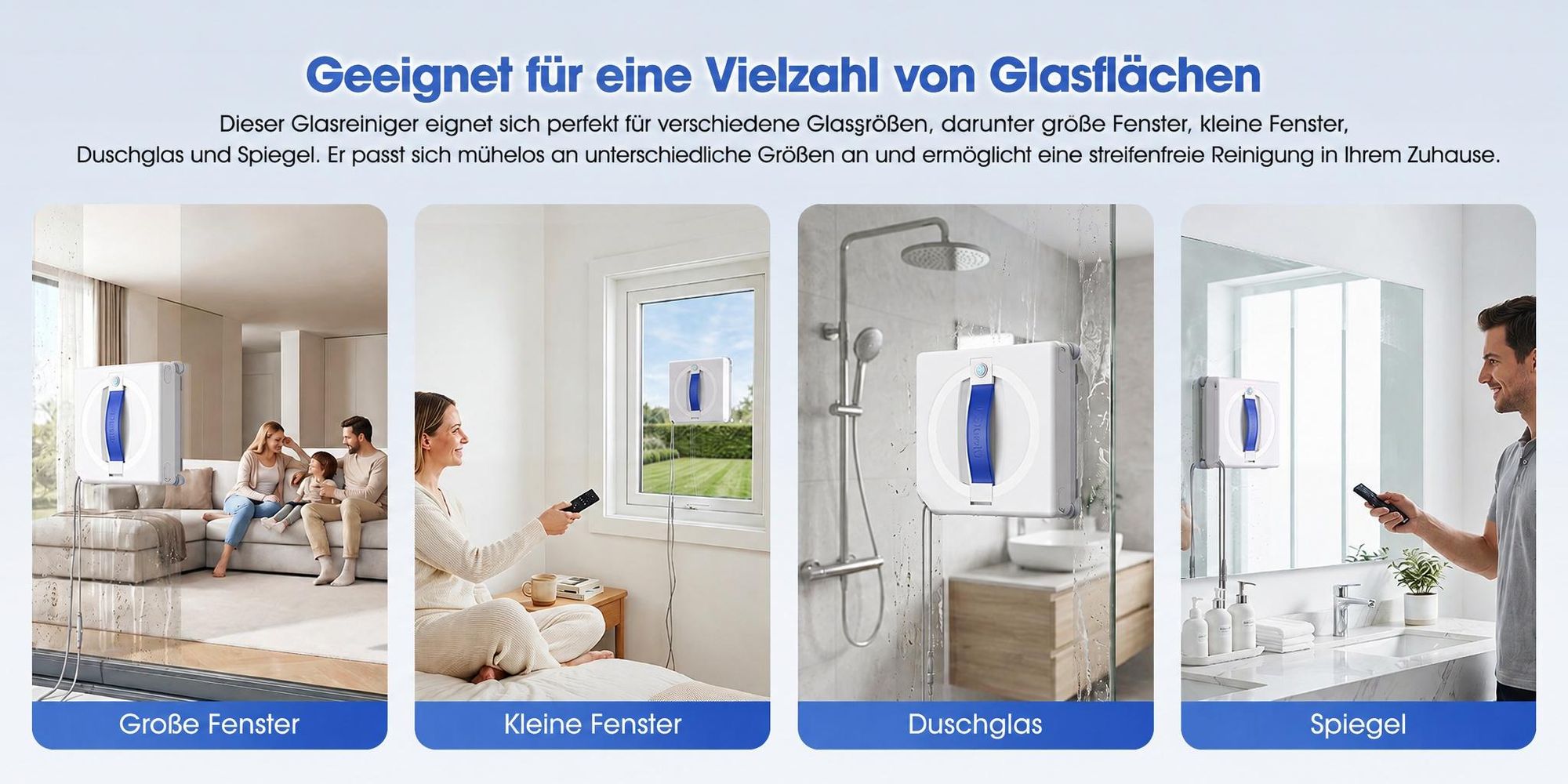 Lubluelu W100 Fensterputzroboter mit Sprühfunktion, 7000 Pa Saugkraft, Fernbedienung & 4 m Sicherheitsseil, inkl. 4 waschbarer Mikrofasertücher