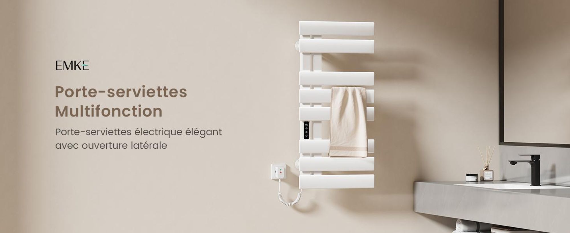 EMKE Sèche-serviettes électrique 1300X500mm 440W blanc, intelligent WiFi App, LCD tactile, Minuterie 1-9H, IPX5