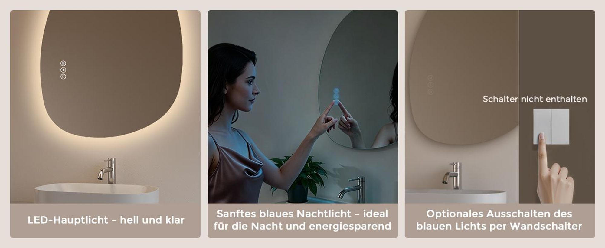 AJIE Studio FORMA LED-Badspiegel, Asymmetrisch, 75 x 55 cm, 3 Lichtfarben, dimmbar, Touch-Steuerung, Antibeschlag, Memory-Funktion, mit EU-Stecker