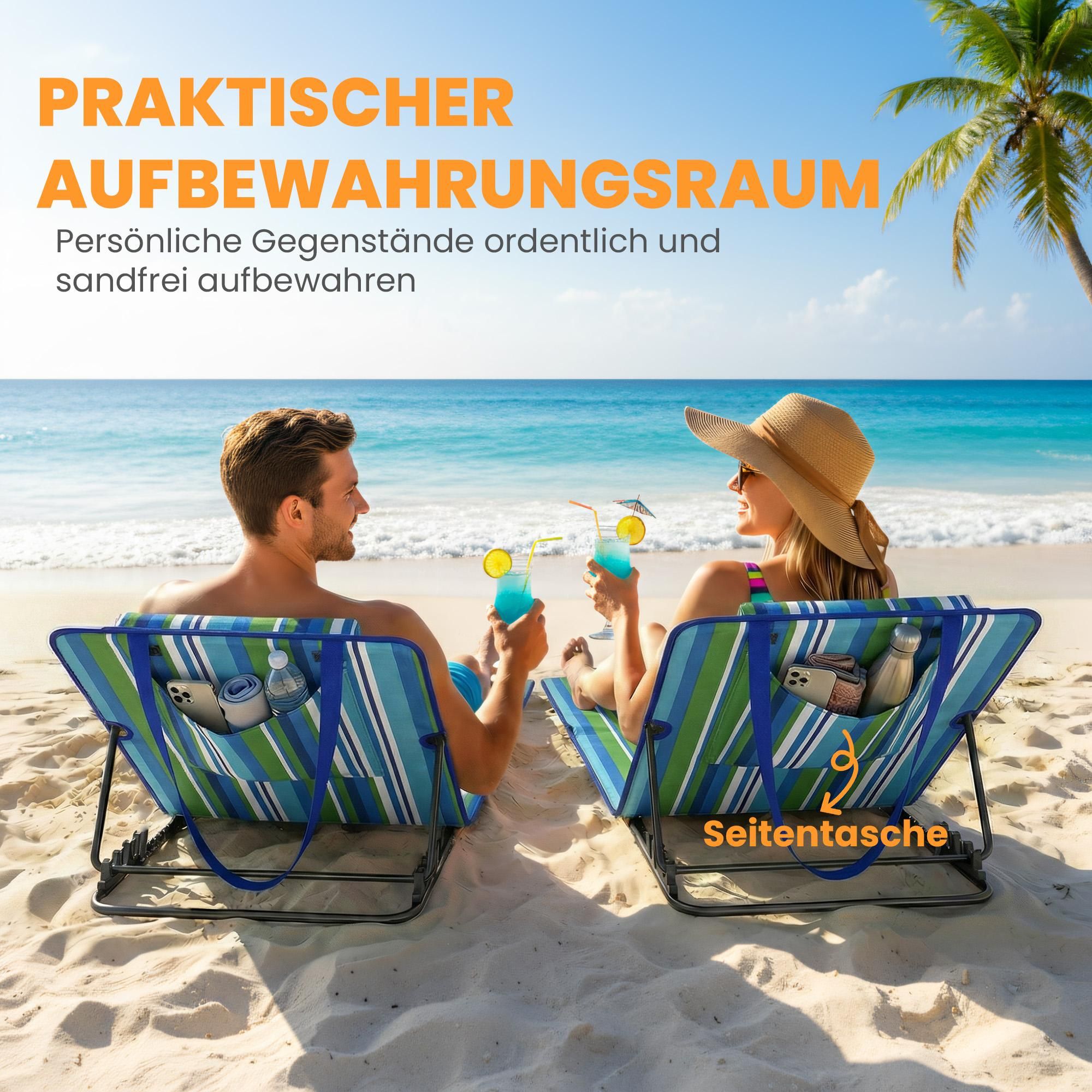 Seitentasche der Strandmatte mit Sonnencreme und Buch darin