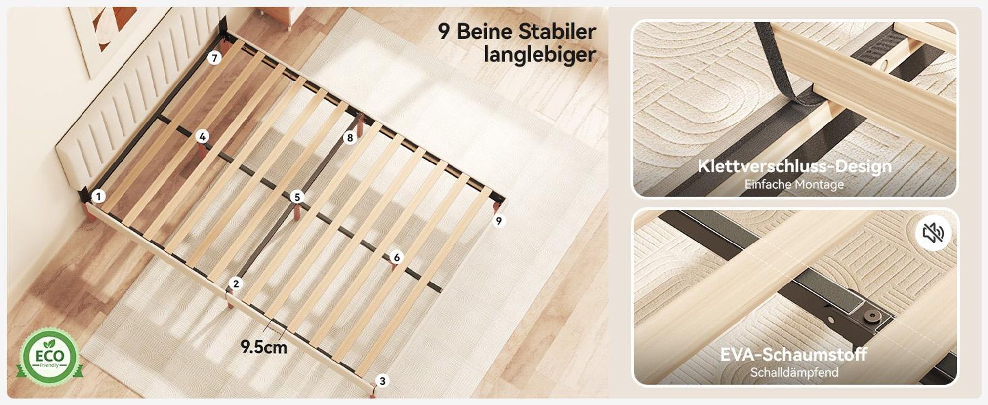 Polsterbett 140x200 cm, Bettgestell mit Höhenverstellbarem Kopfteil und Lattenrost, Stabiler Bettrahmen, Bis 500 kg, Gepolstertes Bett, Beige