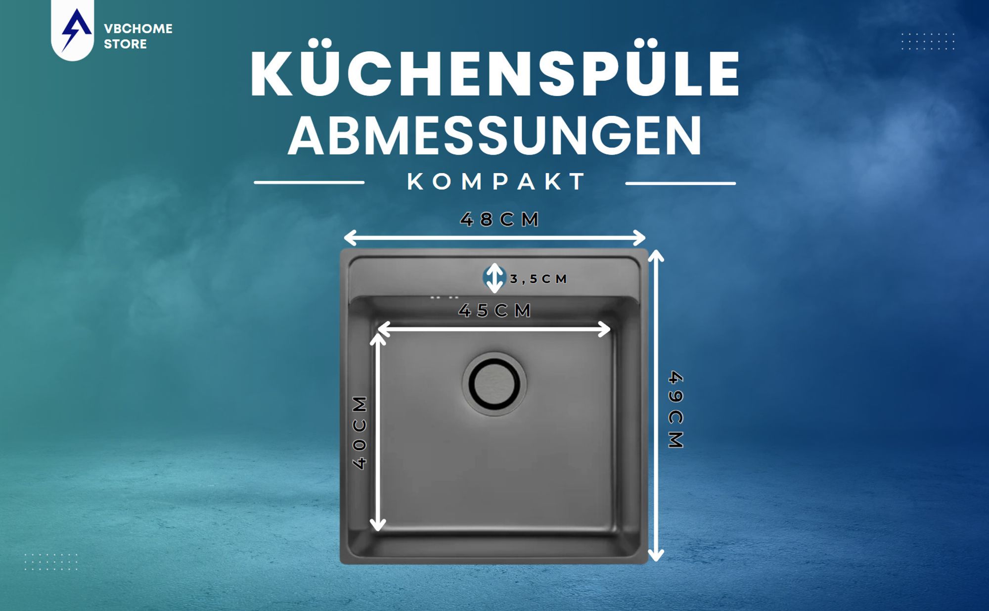 VBChome Edelstahlspüle mit Armatur 49x48x21 cm Inox Leinenstruktur Einbauspüle mit Hahnloch Groß Becken Siphon Armatur Schwarz mit flexiblem Auslauf