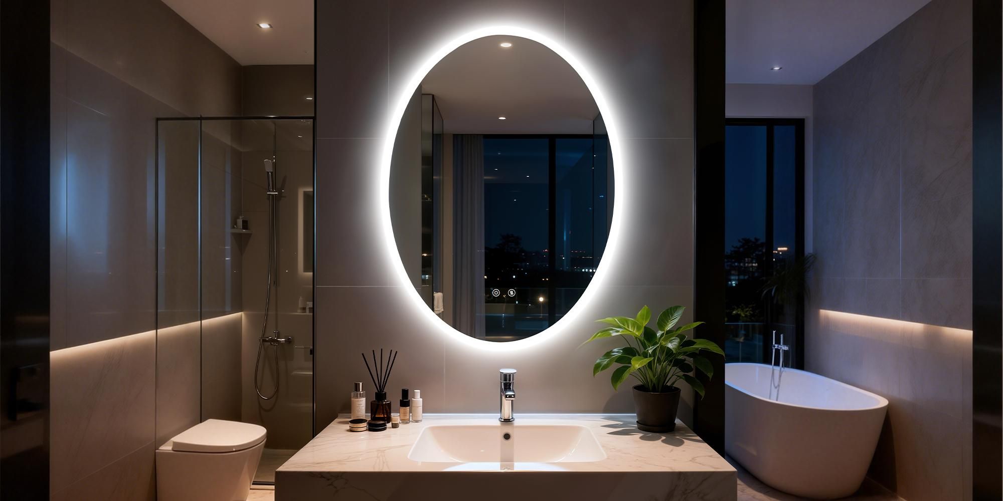 WISFOR Ovaler LED Badezimmerspiegel 70x90 cm Dimmbar Touch Anti-Beschlag 3 Lichtfarben
