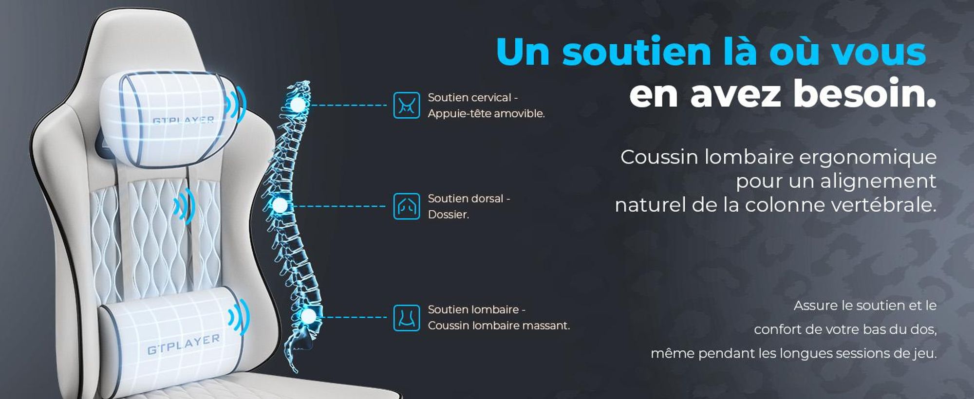 Fauteuil gaming GTPLAYER, fauteuil de bureau, fauteuil PC ergonomique, fauteuil pivotant réglable en hauteur, accoudoirs avec mécanisme synchrone, coussin lombaire, appui-tête