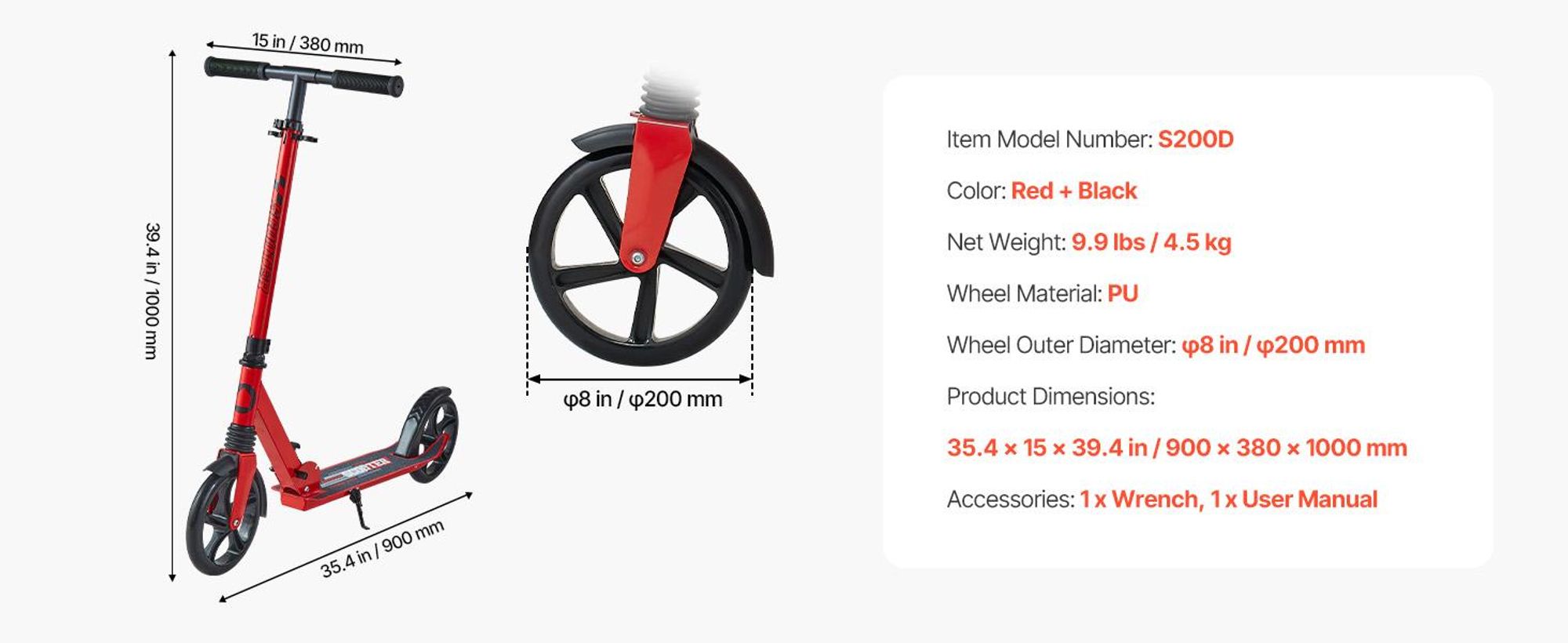 VEVOR Scooter (2 Räder) für Kinder ab 8 Jahren, Cityroller Kinderroller Straßenroller mit höhenverstellbarem Lenker & rutschfestem Deck, faltbarer Tretroller bis zu 100 kg, Schwarz + Rot
