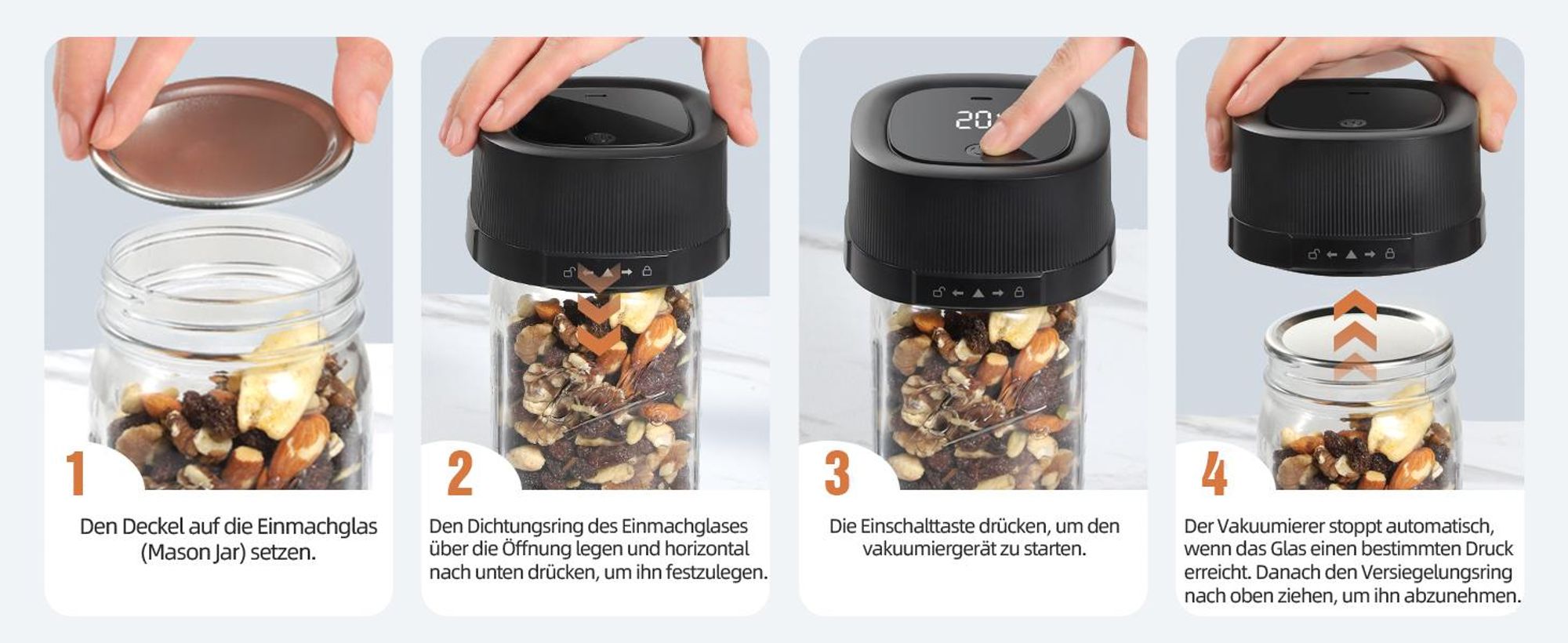 Elektrischer Vakuumierer, Vakuumiergerät, Vollautomatisches, Einmachgläser, mit 2 Gläser 10 Deckeln, für breite Öffnung und normale Öffnung