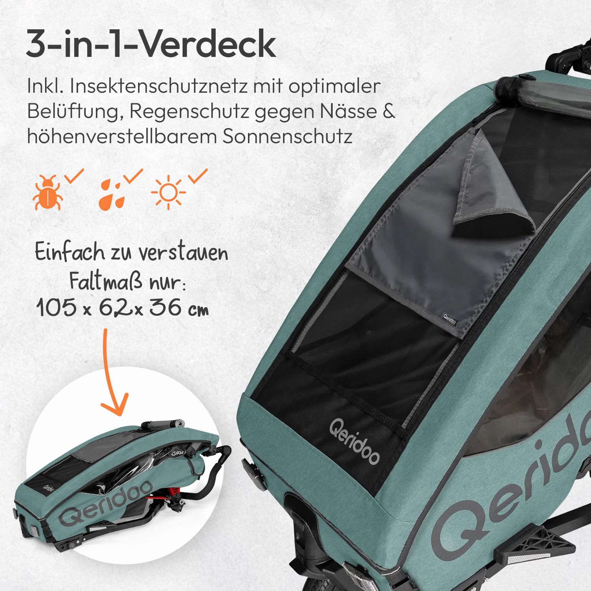 Qeridoo QUPA Plus 1 - Kinderfahrradanhänger für 1 Kind, Farbe: Mineral Blue