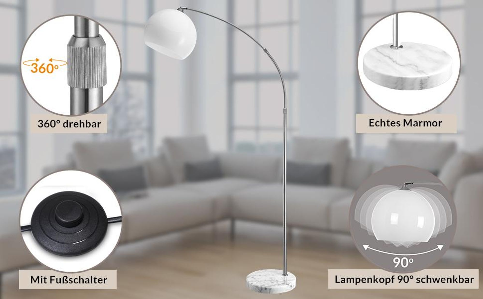 MONZANA Bogenlampe Wohnzimmer Stehlampe gebogen 190-210 cm Marmorfuß Weiß