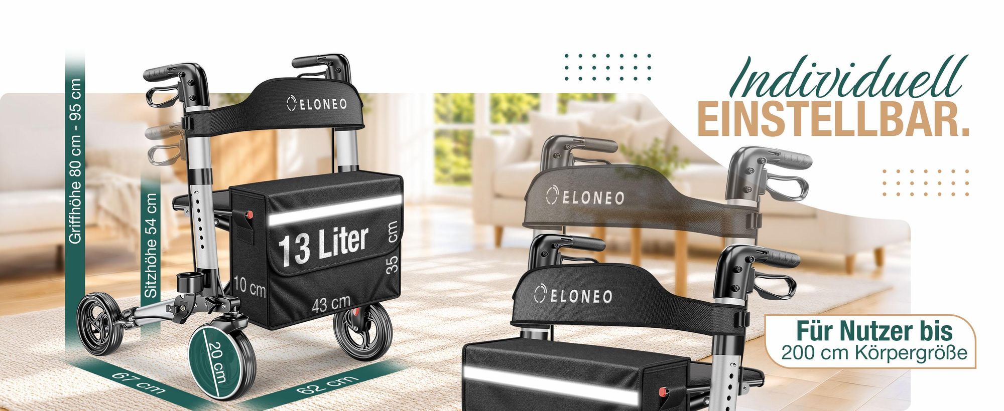 ELONEO Rollator faltbar und leicht mit Sitz, Leichtgewicht-Reiserollator aus Aluminium, Gehhilfe 8-fach höhenverstellbar, Laufhilfe 3-fach faltbar