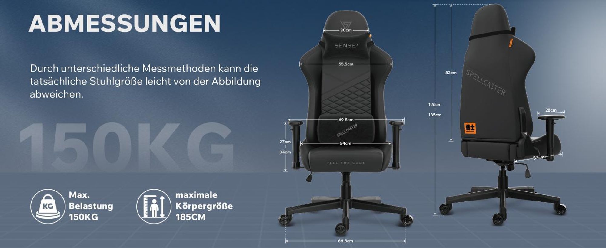 SENSE7 Spellcaster SENSHI XL Gaming Stuhl Schwarz - Ergonomischer Bürostuhl für große Personen 160kg Chefsessel Kaltschaum 2D-Armlehnen