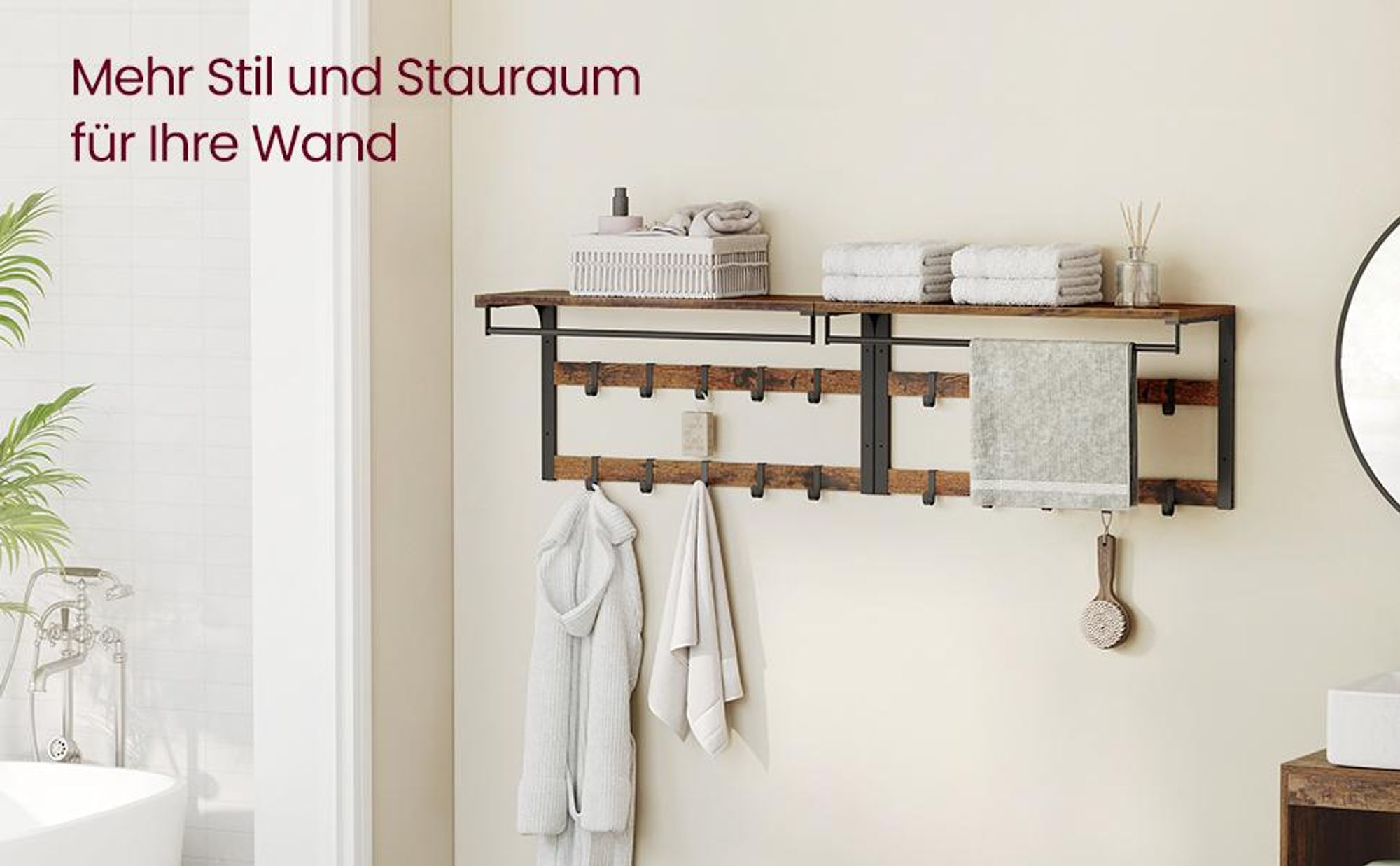 VASAGLE Wandregal mit 10 abnehmbaren Haken, Kleiderstange, 30 x 80 x 42 cm (T x B x H), vintagebraun