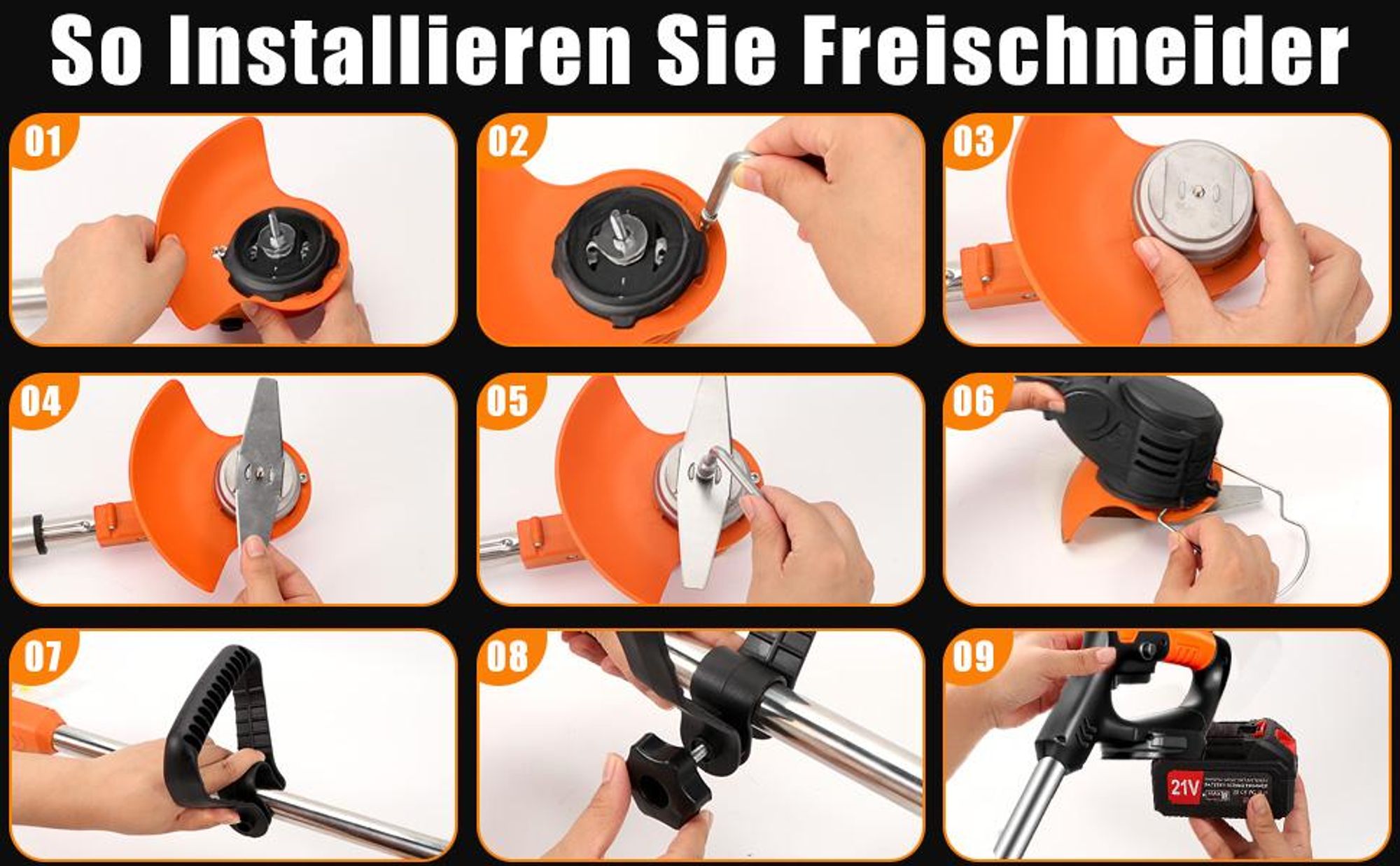 Akku Rasentrimmer, Freischneider, Motorsense, mit 2 x 4000mAh Akku und Ladegerät, Teleskop-Stiel & Zusatzhandgriff, mit Rädern