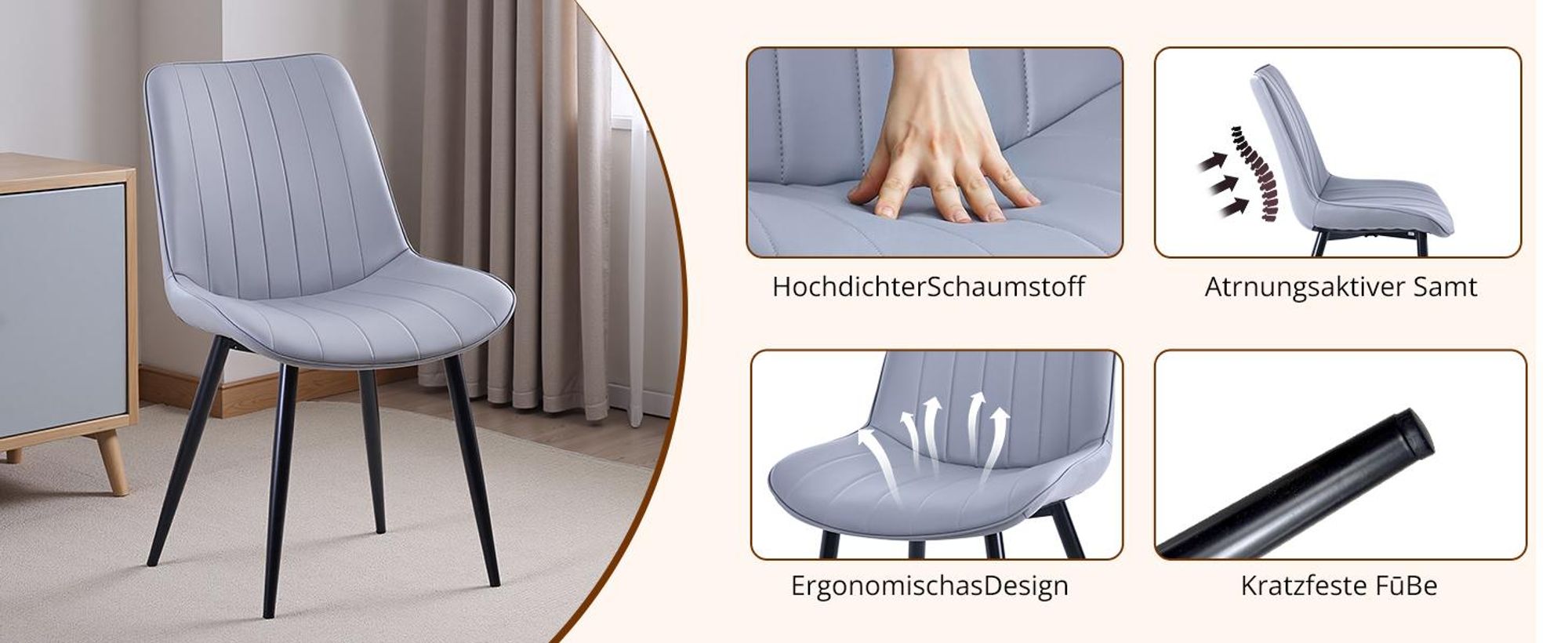 HOMAVO Esszimmerstuhl 4er-Set – Bequemer Samt- oder Kunstlederstuhl, ergonomisch, Metallgestell, breite Sitzfläche 53×43 cm, pflegeleicht