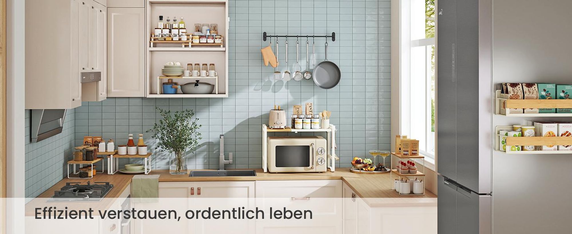 Erweiterbares Mikrowellen-Regal, Mikrowellenständer, 41,5-64 cm verstellbare Breite, Stahl und Bambus, 4 Haken, cremeweiß-naturbeige