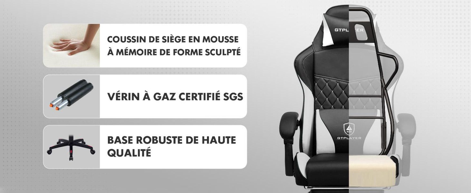 Chaise de jeu GTPLAYER, Gaming Chair, Chaise de bureau ergonomique réglable en hauteur, pratique pour l'hiver et l'été, avec double dossier avec repose-pieds