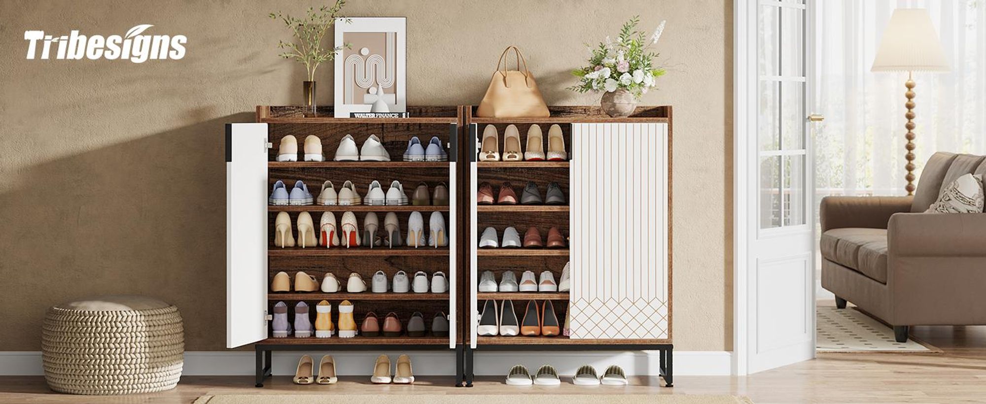 Tribesigns Schuhschrank mit 2 Türen, 75x35x105cm, Schuhregal Schuhkommode für 25 Paare, Schuhschrank weiß mit goldenem Metallrahmen,Schrank Flur Braun