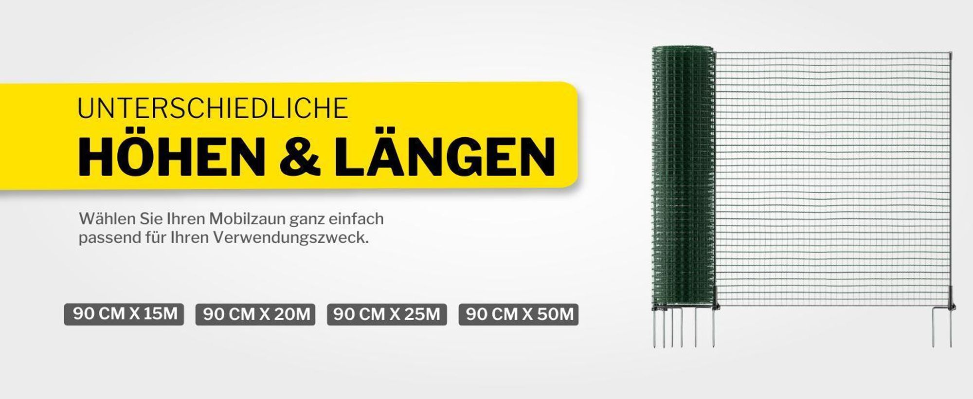 horizont Hundezaun 50 m x 90 cm, 30 Pfähle mit Doppelspitze, engmaschig – Begrenzungszaun FIX – Gartenzaun zum Stecken, Weidezaun, Hühnerzaun – Mobiler Zaun für Hunde & Camping 50m