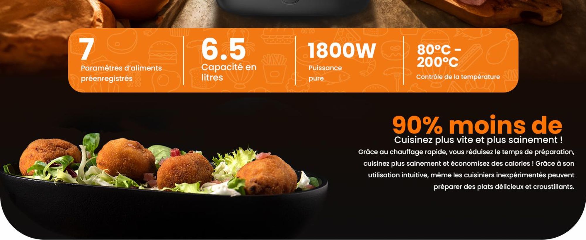 Extralink Air Fryer 6,5 l friteuse à air chaud 1800 W avec fenêtre transparente et écran tactile LED