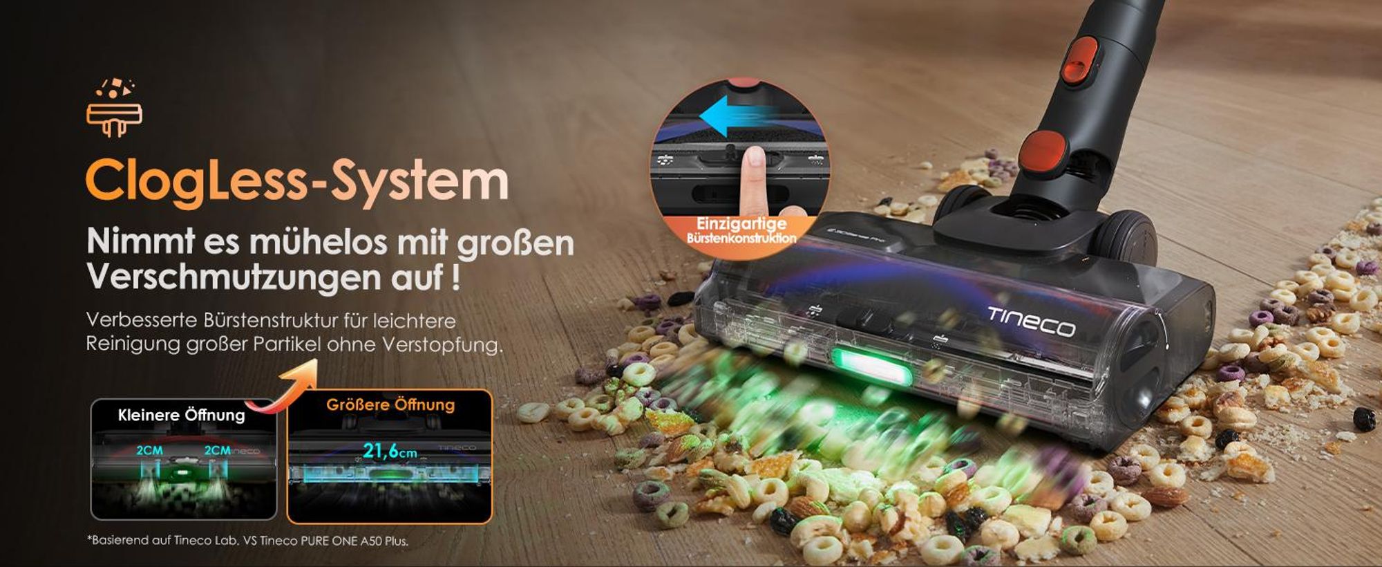 Tineco Pure ONE S70 Akku Staubsauger, 200 AW, LED, 3DSense Pro Reinigungssystem, Biz zu 95 Min. 6-stufiges Filter, ZeroTangle, Handstaubsauger Orange