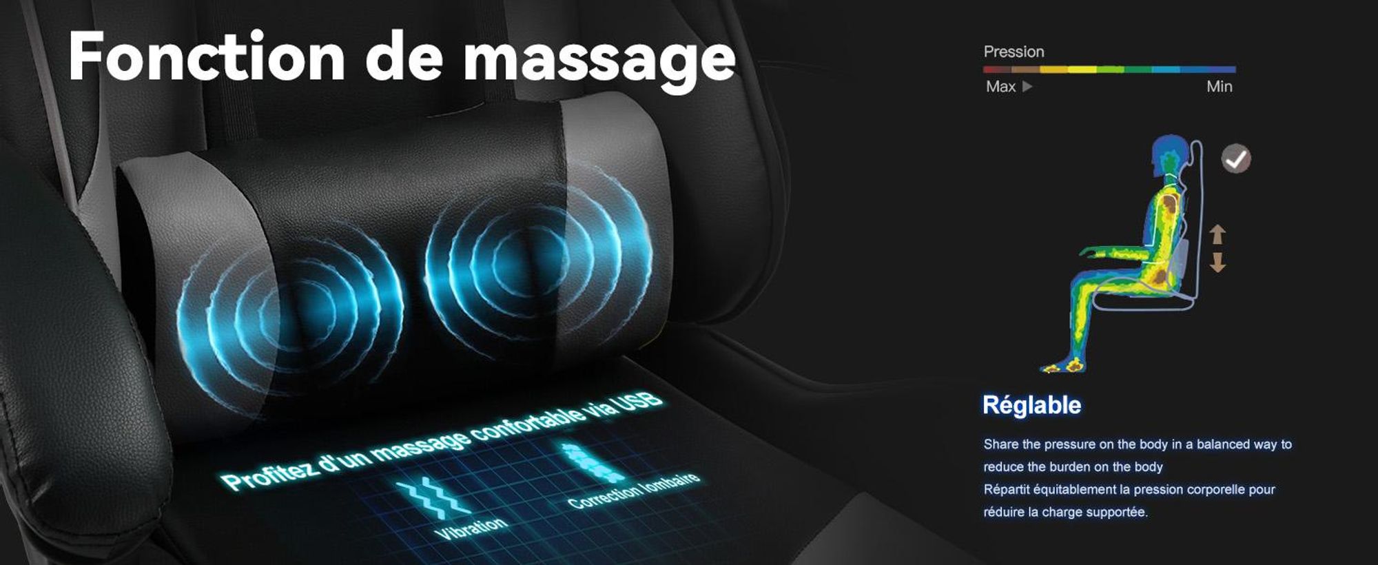 GTPLAYER gaming chair, chaise de bureau ergonomique avec fonction de massage et repose-pieds, châssis avec poignées, base en acier, gris