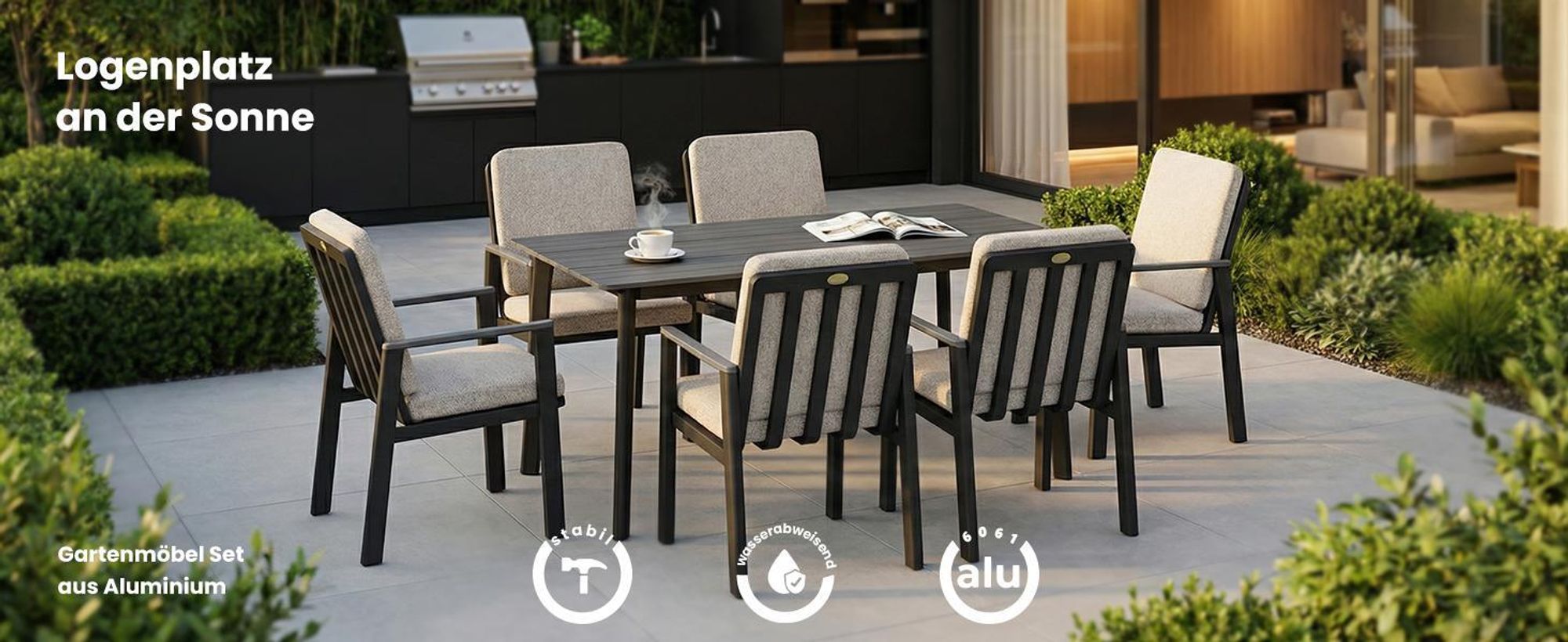 MEXO Gartenlounge-Set Aluminium Garten Essgruppe für 6 Personen, GartenStuhl mit Ergonomischen Sesseln inkl. Kissen, Belastbarkeit pro Sitzplatz 140kg