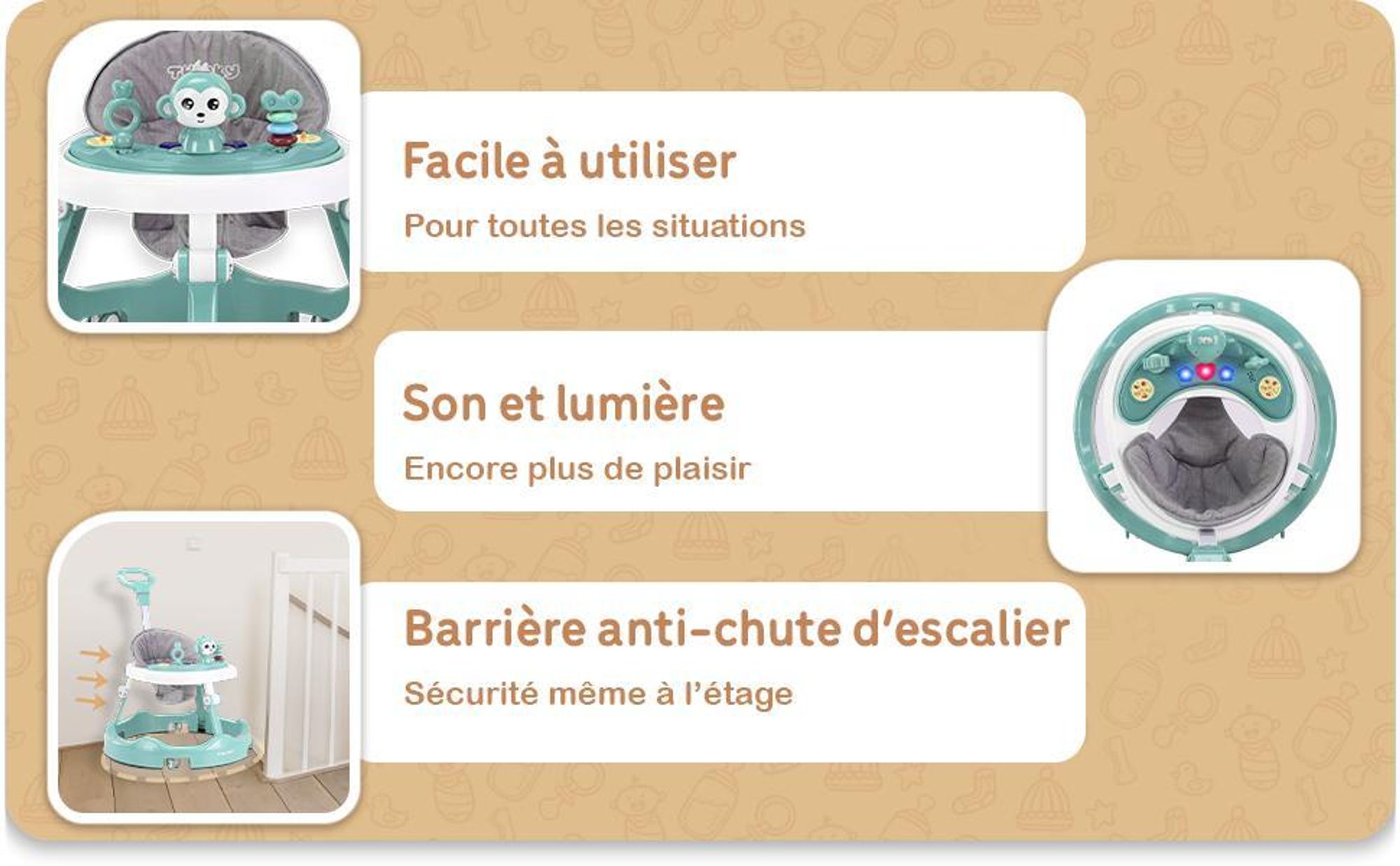 Twinky® Lauflernhilfe in Mintgrün | Lauflernwagen mit Spielset und Zubehör für sicheres und spielerisches Lernen | inkl. Fußmatte und Haltegriff