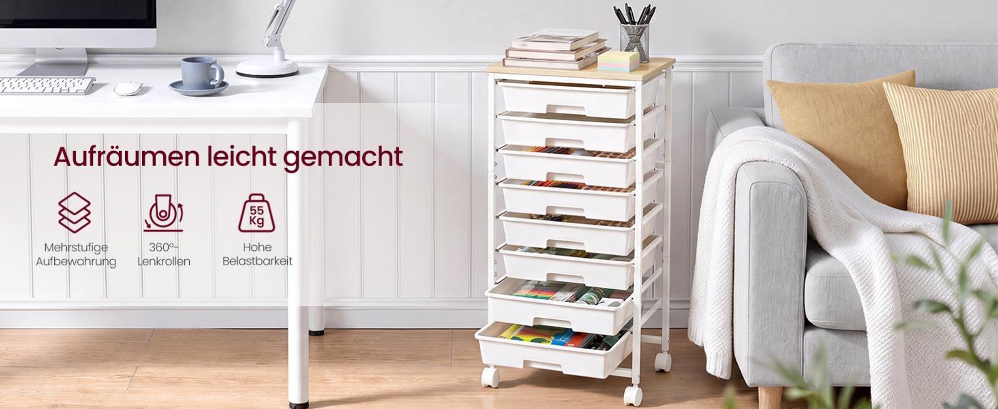 VASAGLE Rollwagen mit 8 Schubladen, Nischenwagen mit Holzplatte, Organizer für Büro und Bad, 39,5 x 28,5 x 76,5 cm, Weiß