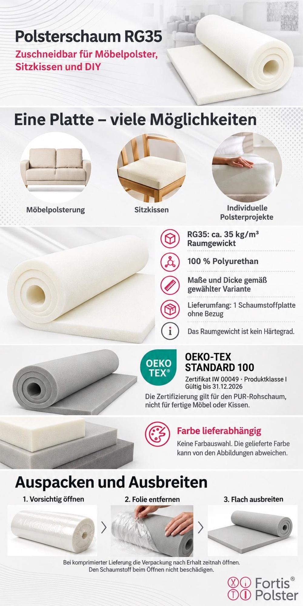FORTIS POLSTER RG35 Schaumstoffplatte 200 x 140 x 3 cm, zuschneidbar
