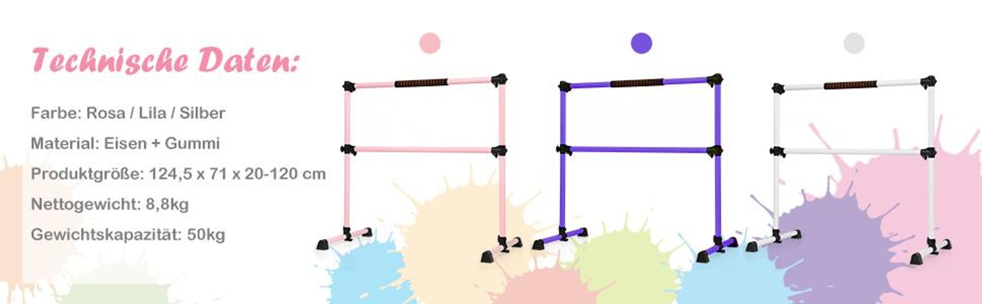 COSTWAY Ballettstange freistehend, Ballet Bar höhenverstellbar, Ballett Barre aus Eisen, Stretch Barre bis 50KG belastbar, ideal für Kinder und Erwachsene