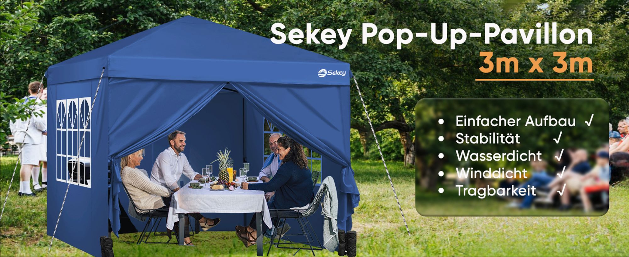 Sekey Faltpavillon 3x3 mit 4 Seitenwänden und mit 4 Sandsäcke, Wasserdicht Pop Up Pavillon für Camping, Festival, Events, Picknicks, Dunkelblau