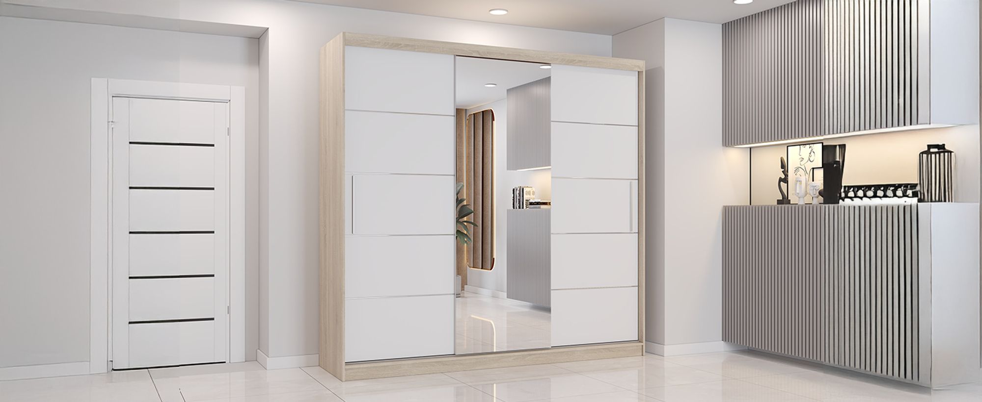 Schwebetürenschrank Astra, 233 cm, Sonoma/Weiß, mit Spiegel