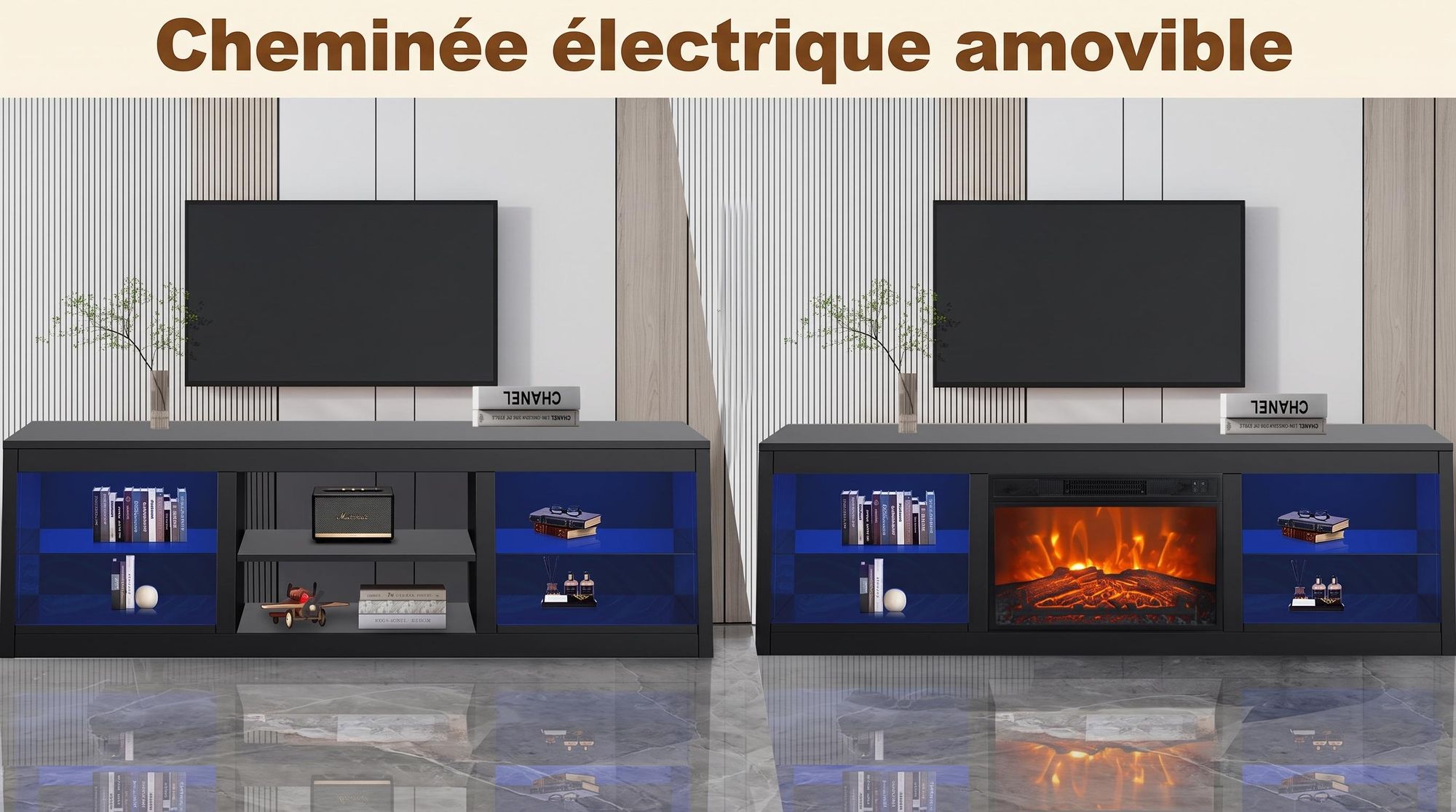 Parrot Uncle Meuble TV pour téléviseur jusqu'à 75 pouces, MDF, noir , avec cheminée électrique 24" et barre de LED changeant de couleur, 168 x 42 x 56 cm, capacité de charge 54 kg
