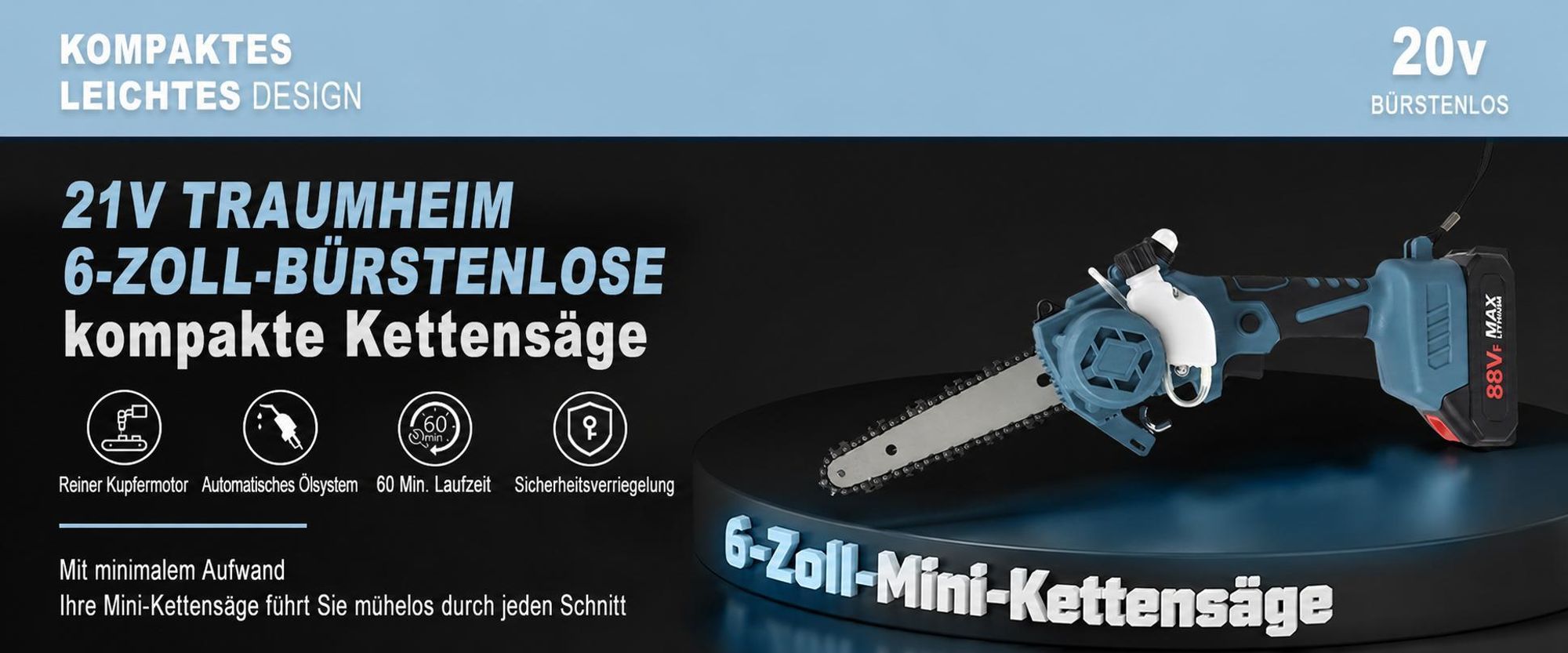 6 Zoll bürstenlose Kettensäge, Mini - Akku - Kettensäge, Holz bearbeitung, Garten schneiden, 2 x Batterie Mit Digitalanzeige, bürstenlose Kettensäge