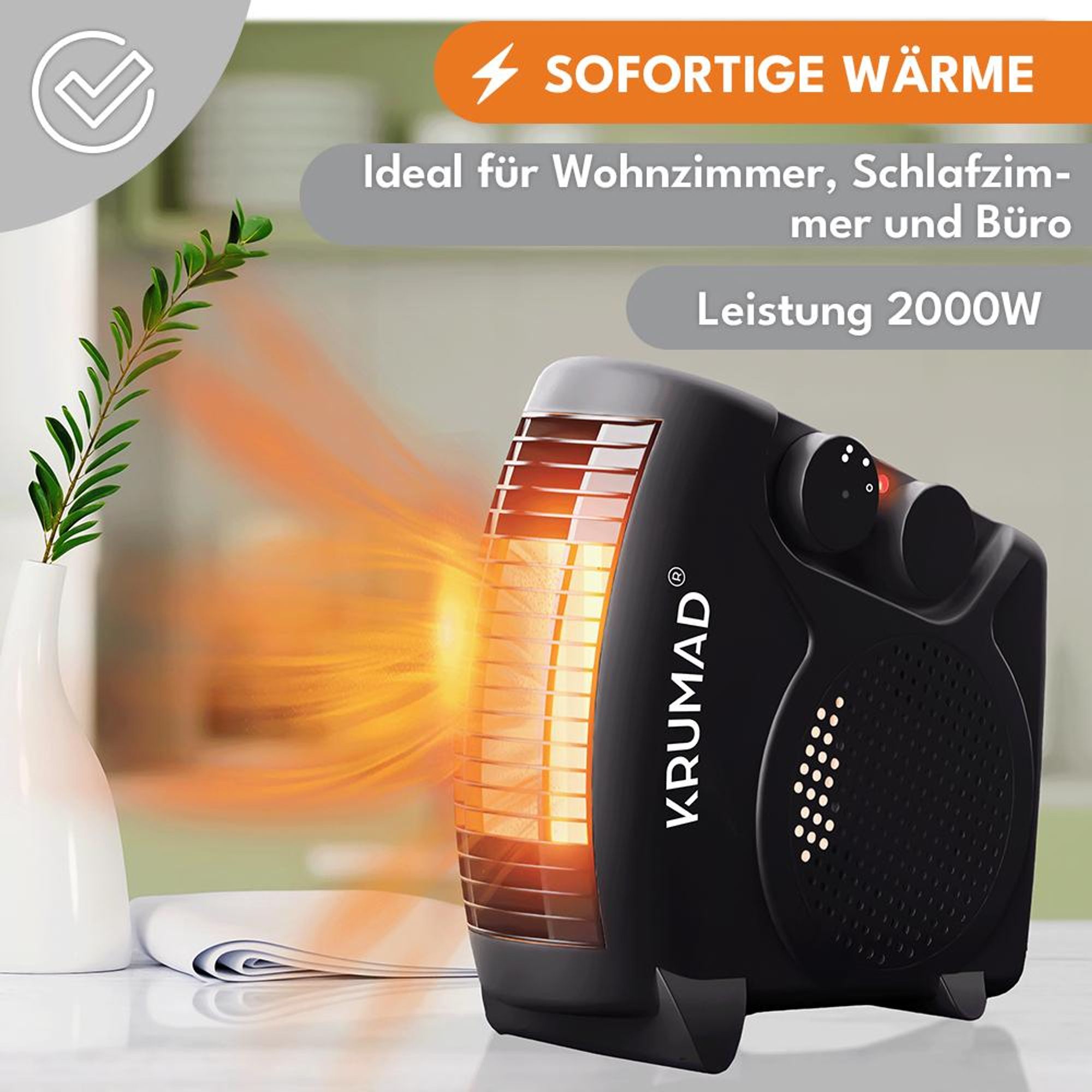 KRUMAD Heizlüfter 2000W – kompakter Elektroheizer 2 Heizstufen – leiser Schnellheizer für Zuhause, Büro & Schlafzimmer