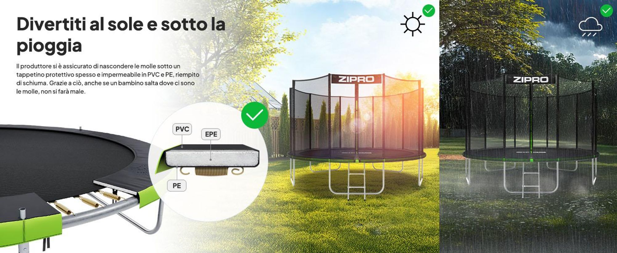 Trampolino ZIPRO Jump Pro Out | 4FT Ø 127 cm | Trampolino da giardino per bambini, set completo con rete di protezione, copertura per il bordo, per esterni, verde