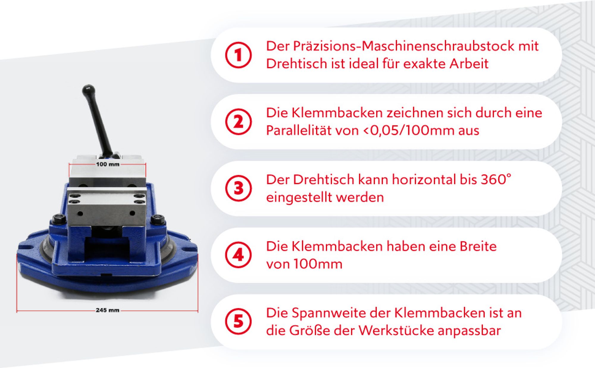Wiltec Präzisions-Maschinenschraubstock 100 mm Backenbreite mit 360° Drehtisch für exaktes Arbeiten, Werkbank Schraubstock aus Gusseisen