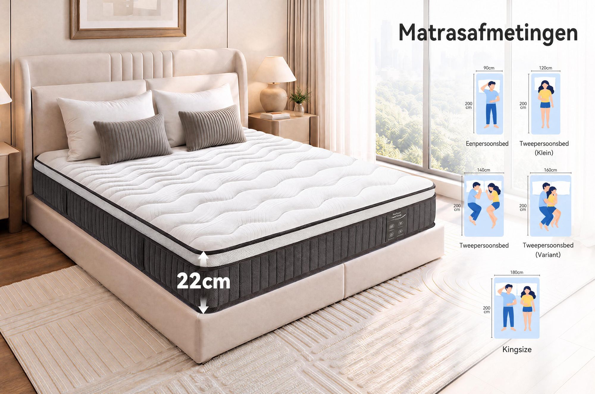 Matras 180x200 cm, 22 cm dik, met geïntegreerde toplaag. 7-zone pocketveringmatras, hardheid H3/H4