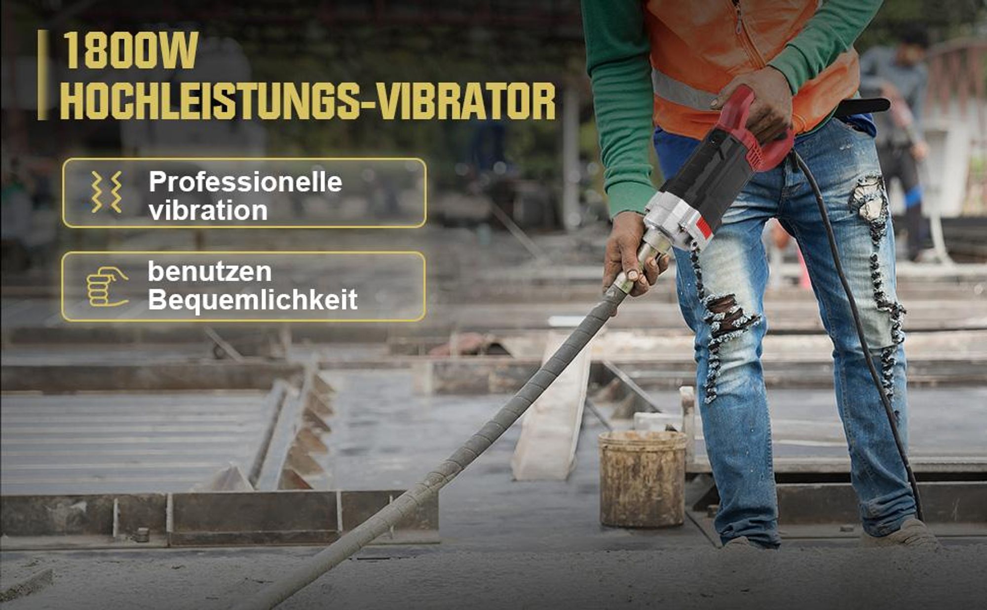 Betonrüttler 1800W mit 2m SCHLAUCHLÄNGE, Elektro Betonverdichter, 35 mm Flaschenrüttler, Rührwellendrehzahl 6000 U/min, Beton Rüttelflasche