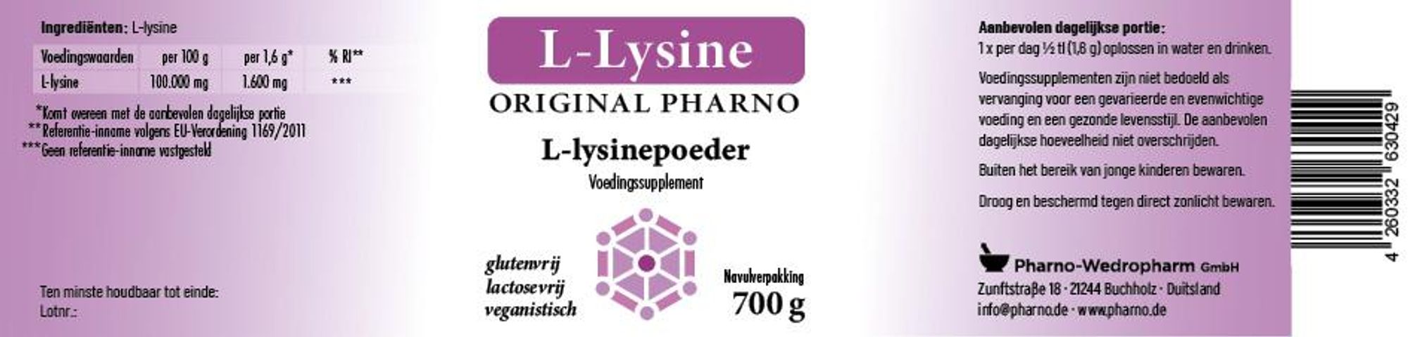 Original Pharno L-Lysinepoeder 700 g – puur L-lysine, essentieel aminozuur, vegan